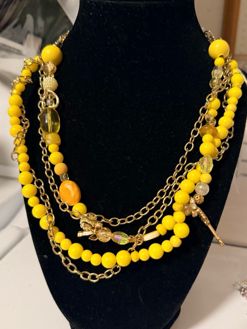 Bright Yellow Multi-Strand Beaded Necklace with Gold Accents